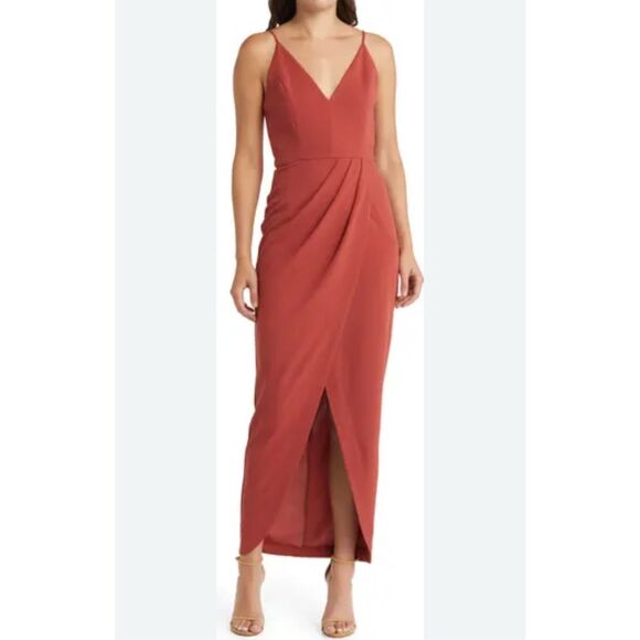 WAYF The Ines Sienna V-Neck Sleeveless Faux Wrap Tulip Hem Gown Dress Size XL - Picture 1 of 13